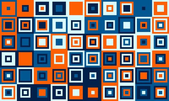 Vibrant geometric pattern of squares in bold orange, blue, and white. A modern, abstract design ideal for backgrounds, website banners, textiles, or any project needing a dynamic visual element. vector