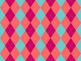 Vibrant argyle pattern in coral, teal magenta. Geometric diamond design with subtle yellow stitching. Perfect for textiles, fashion, websites, playful backgrounds. vector
