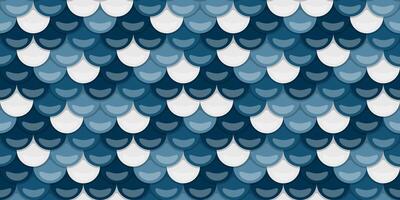 Abstract seamless pattern of overlapping blue and white scales. Evokes water, ocean, or fish scales, perfect for backgrounds, textures, or decorative designs. vector