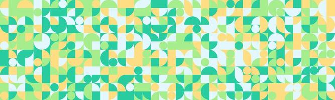 Vibrant geometric pattern featuring a playful mix of circles, squares, and semicircles in pastel greens, yellows, and whites. vector