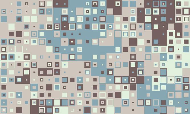 Abstract geometric pattern featuring a multitude of muted squares in various sizes and shades of blue, brown, and beige. Ideal for backgrounds, textiles, or modern design projects.