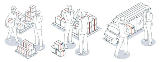 Set of Logistics and Delivery services scenes concept with People delivering a box to a customer. Smart Logistics Business, Export and Import. vector