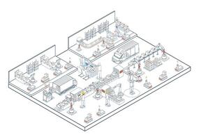 Smart warehouses in Industry 40 leverage AI and AGVs for automated production, transportation, and logistics. vector