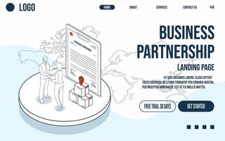 Business partnership landing page concept featuring two businesspeople shaking hands, with a purchase agreement on a clipboard as a backdrop. vector