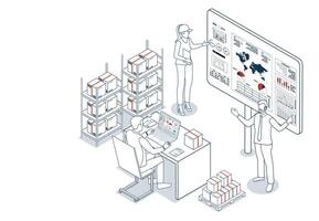 Supply Chain Management SCM Coordinated delivery of goods or services via integrated logistics fleet, warehouse, materials, inventory, demand often using real-time software. vector