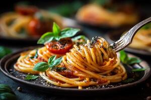 Spaghetti twirled on fork with tomato sauce and basil photo