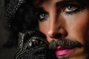Man with mustache in glamorous drag makeup photo