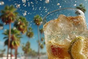 Cold lemonade with lime and bubbles in summer photo