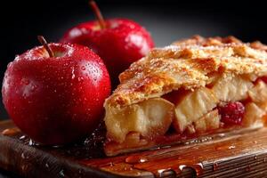 Glazed apple pie slice with fresh red apples photo