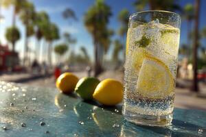 Lemonade with lime and bubbles in summer photo