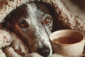Gray Dog Wrapped in Blanket with Cup of Drink photo