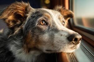 Dog Looking Out Train Window While Traveling photo