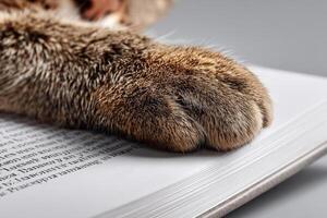 Cat Paw Resting on Open Book Page photo