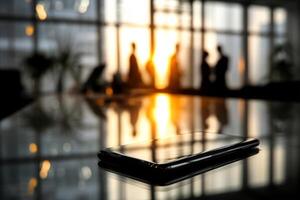 Smartphone on table with blurred office background photo