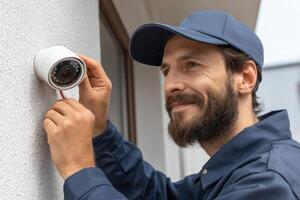 Smiling technician installing security camera on house wall photo