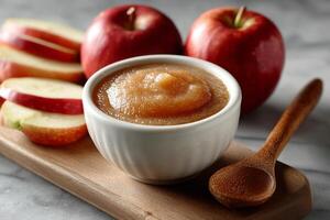 Smooth applesauce in white bowl with fresh apples photo