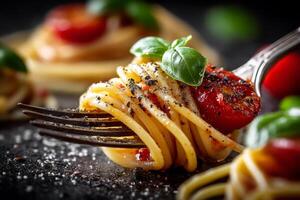 Spaghetti twirled on fork with tomato and fresh basil photo