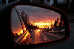 Road view in car rear view mirror reflection photo