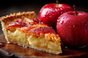 Apple pie slice with fresh red apples photo
