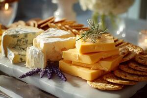 Assorted cheeses and crackers on elegant plate photo