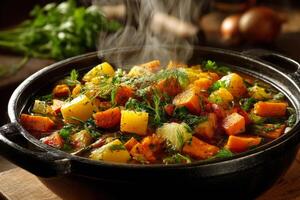 Vegetable stew in rustic pot with herbs and spices photo