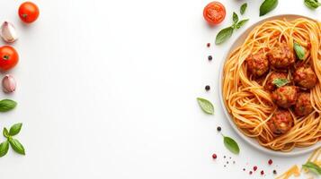 Spaghetti with meatballs and tomatoes on white background photo