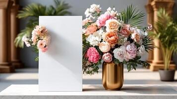 A white card with flowers in a vase photo
