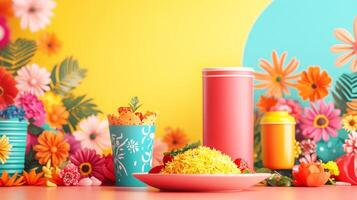 Colorful flowers and food on a table photo