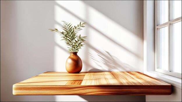 A wooden table with a vase of flowers sitting on it photo