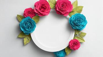 A white round plate with flowers and leaves on it photo