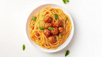 Spaghetti with meatballs and tomato sauce on white background photo