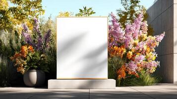 An empty white sign is sitting in front of a flower garden photo