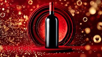 A wine bottle on a red background with gold bubbles photo