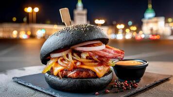A burger with bacon, cheese and onions on a black plate photo