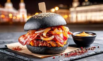 A burger with bacon, onions and cheese on it photo