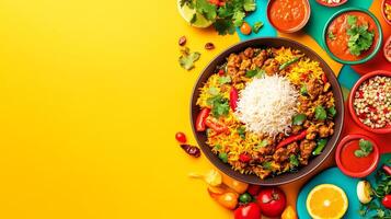Indian food with rice, vegetables and spices on yellow background photo
