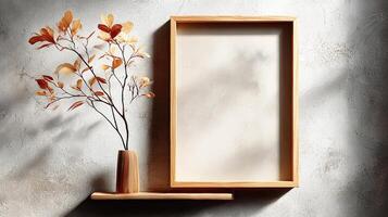 A wooden frame with a vase of leaves sitting on a shelf photo