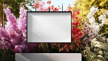 Blank billboard mockup on a garden with flowers photo