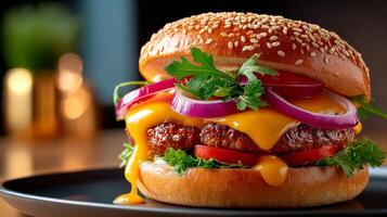 A hamburger with cheese and onions on a black plate photo