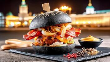 A burger with bacon, cheese and onion on a black plate photo
