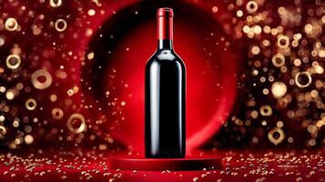 A wine bottle on a red background with gold sparkles photo