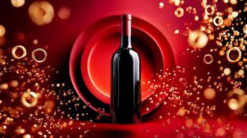 A wine bottle on a red background with bubbles photo
