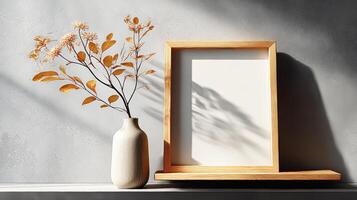 A wooden frame and vase with a plant on a shelf photo