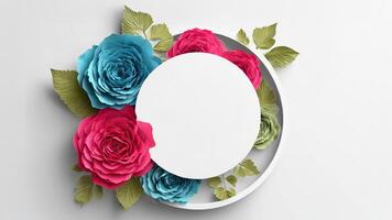 3d rendering of a round frame with flowers on a white background photo