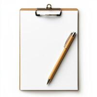 Clipboard with blank paper and pen on white background photo