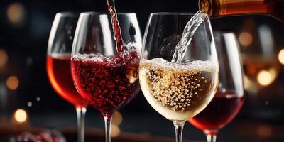 Wine pouring into glasses with red and white wine photo
