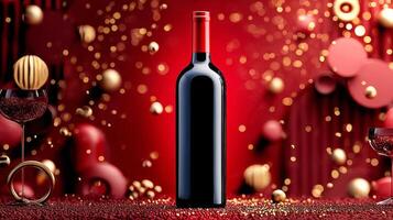 Wine bottle and glasses on red background photo