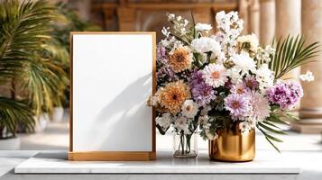A blank sign is sitting on a table with flowers photo