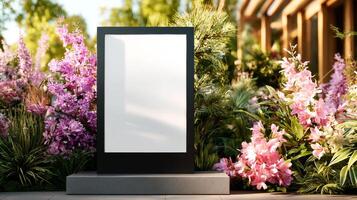 An outdoor advertising board in front of a garden photo