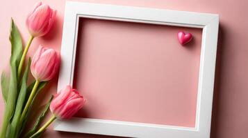 A white frame with pink tulips and a heart photo